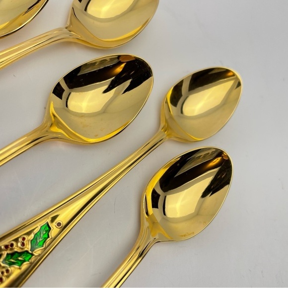 Retroneu Japan 24 k gold plated Spoons desert/appetizer Christmas Holly Design - Picture 8 of 14